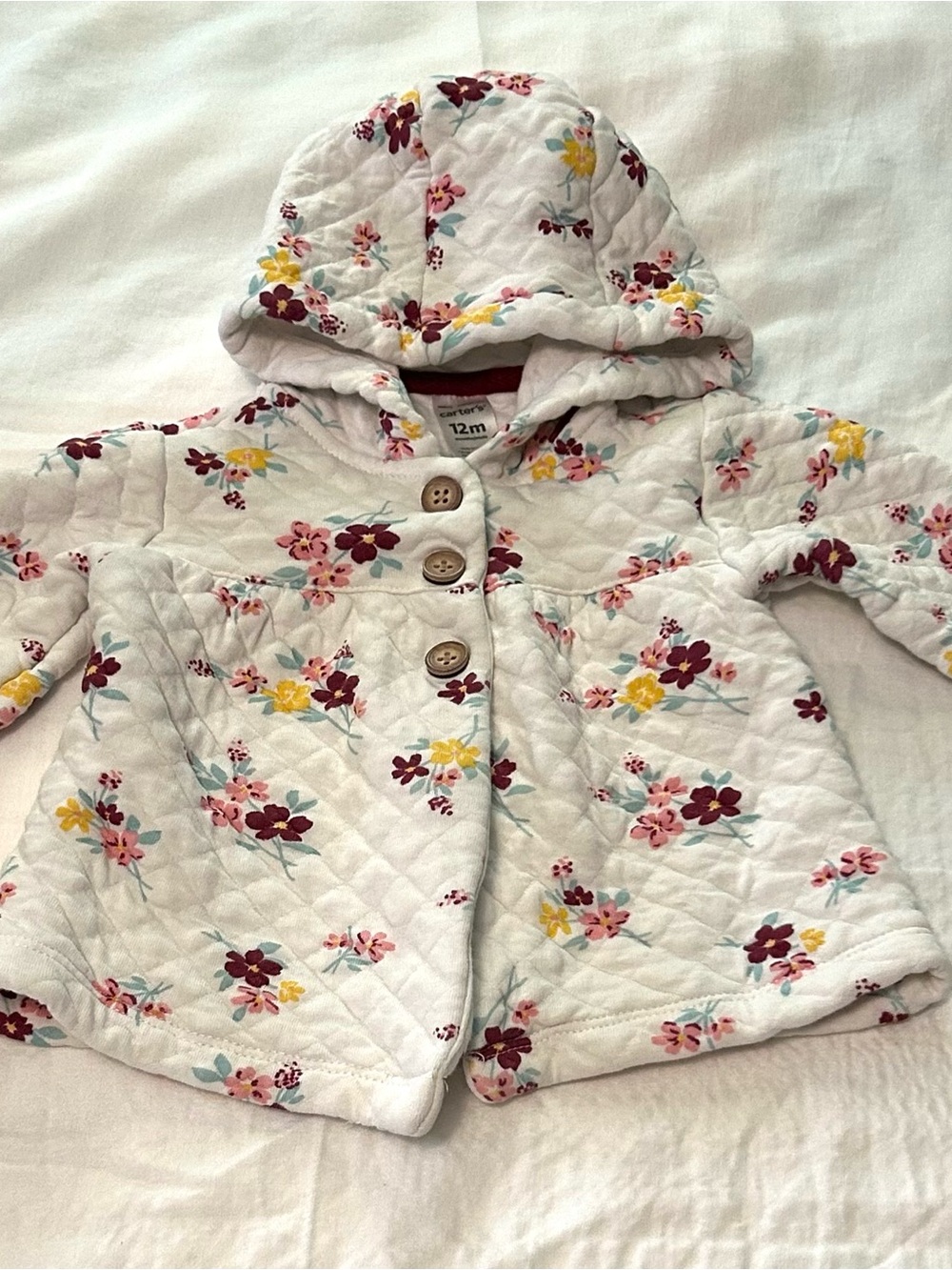 12 month Carter's Quilted Hooded Jacket in White with Floral Print and Buttons